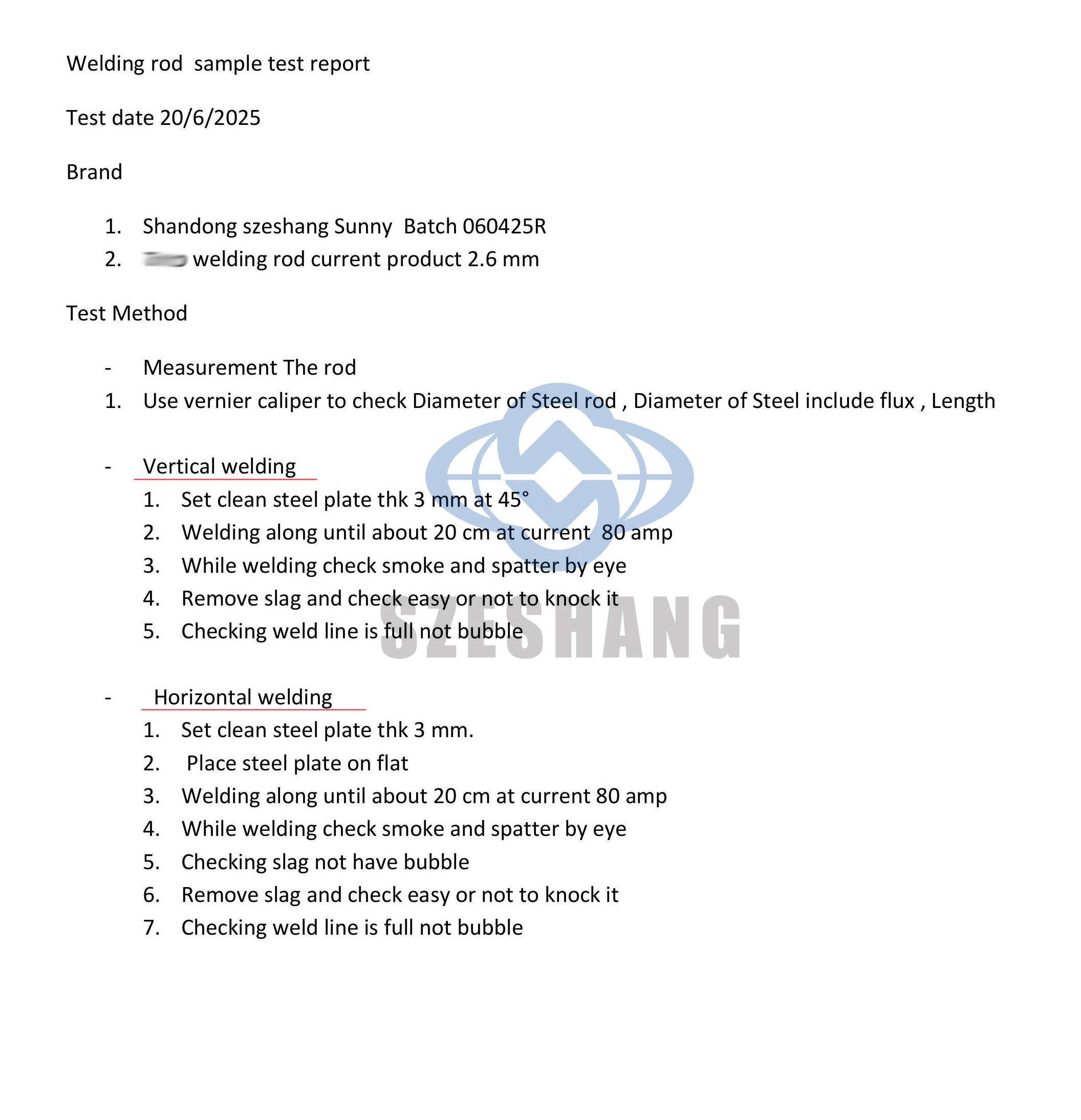 Prueba de varilla de soldadura shandong szeshang 